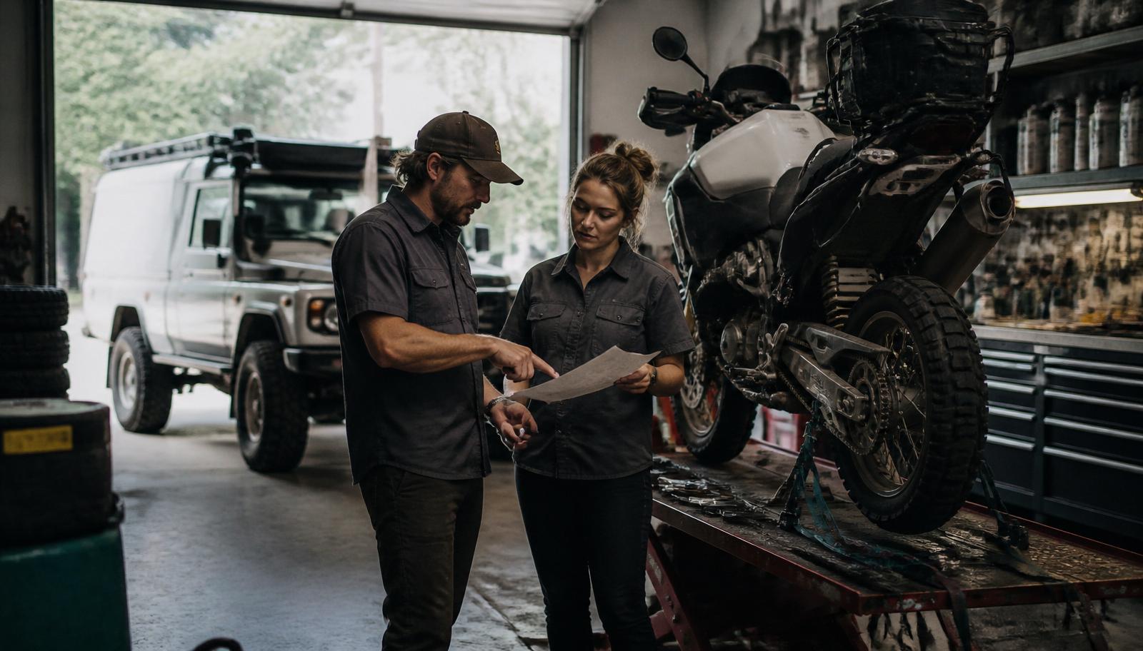 Two business partners talking through a build inside an adventure vehicle shop
