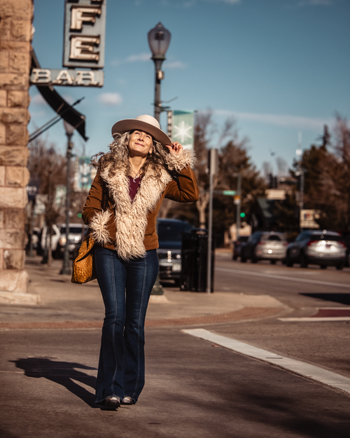 Christine walking downtown