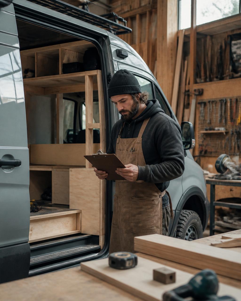 A builder at work inside an adventure van conversion workshop